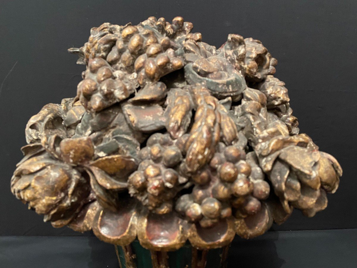 Importante Corbeille De Fruits Et Fleurs En Bois Sculpté Fin XVIIème-photo-3