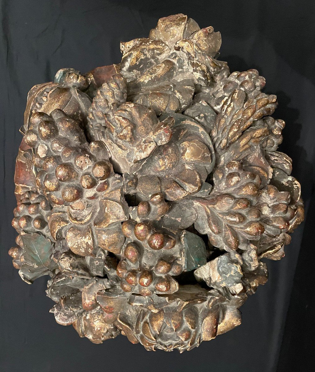 Importante Corbeille De Fruits Et Fleurs En Bois Sculpté Fin XVIIème-photo-4