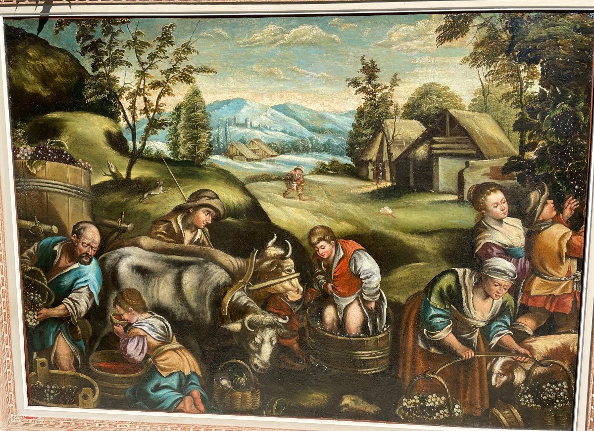Large 18th Century Italian School Painting The Harvest After Bassano 130x94 Cm-photo-2