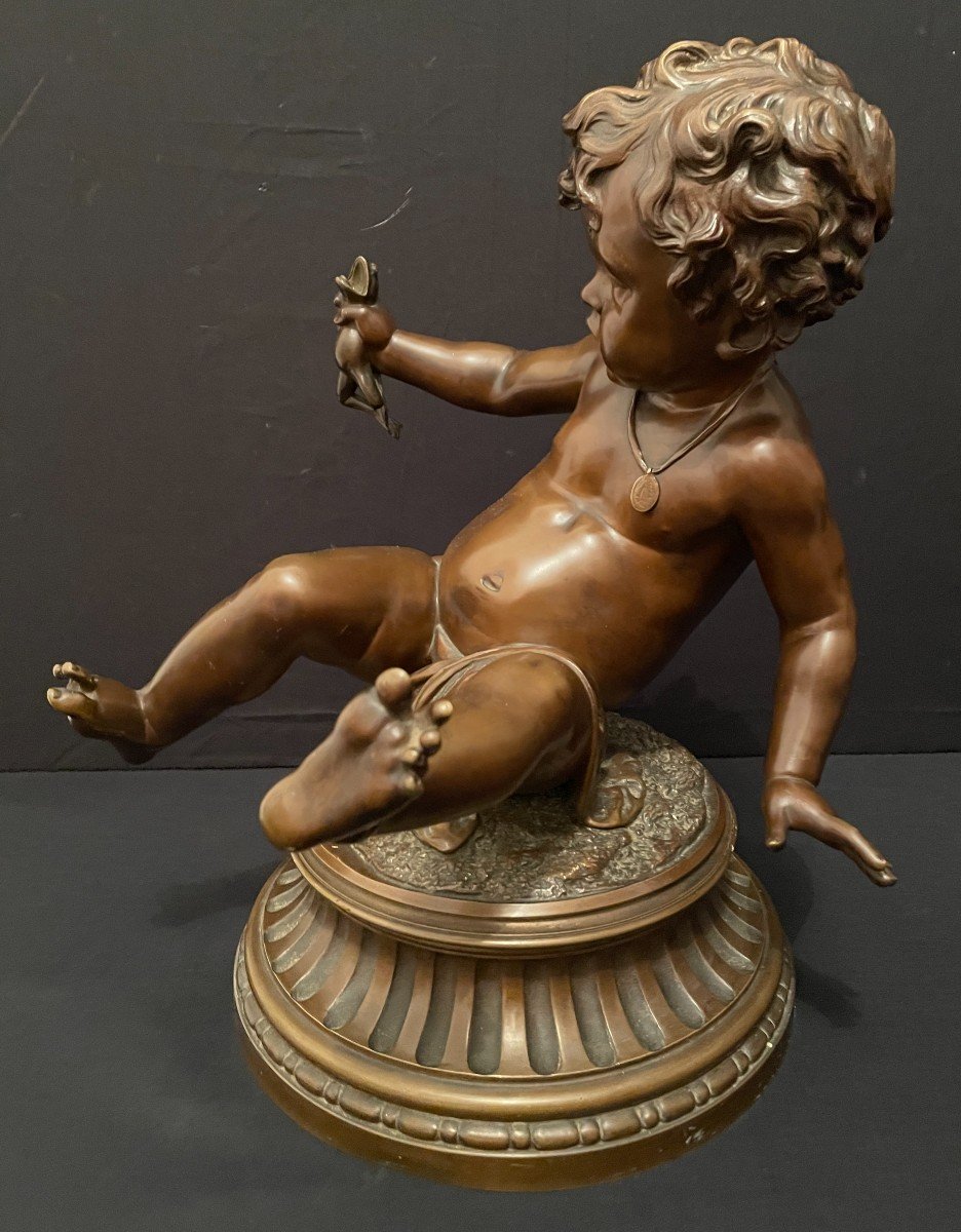 Bronze Turning Child With The Frog By Hiolle Nineteenth Century-photo-2