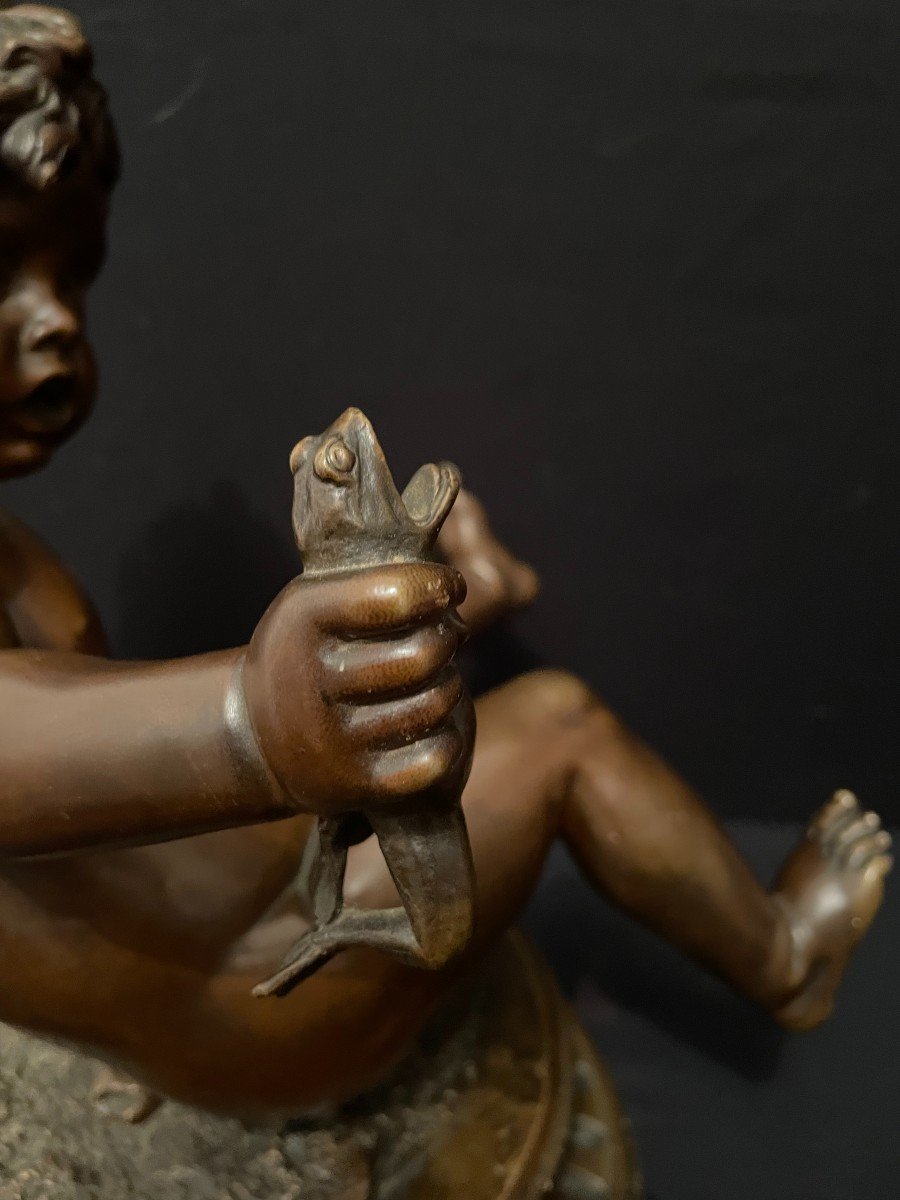 Bronze Turning Child With The Frog By Hiolle Nineteenth Century-photo-1