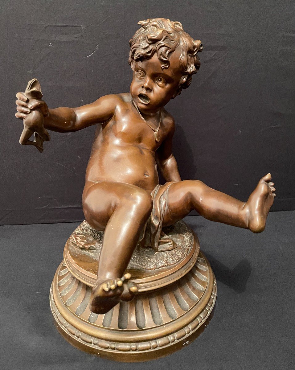 Bronze Turning Child With The Frog By Hiolle Nineteenth Century