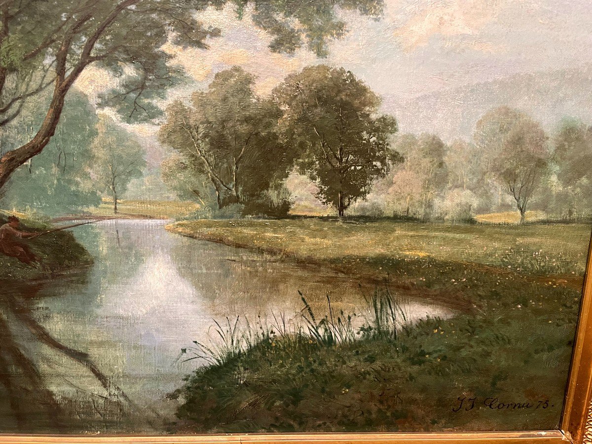 Tableau Pêcheur En Bord De Rivière Par J J  Cornu XIXème-photo-5