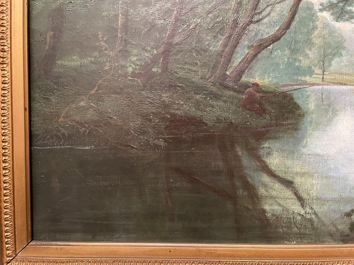 Tableau Pêcheur En Bord De Rivière Par J J  Cornu XIXème-photo-6