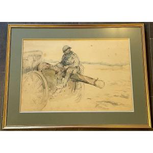 Jean-louis Forain  Watercolor Poilu Soldier Sitting On A Cannon War 14-18