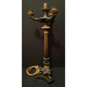 Grande Lampe Candélabre Époque Restauration Bronze Ciselé à Deux Patines XIXème