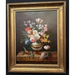 Large Still Life Painting With Flowers And Goldfinches Around 1830.