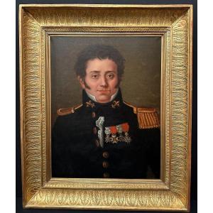 Tableau Portrait Militaire En Uniforme Époque Restauration Vers 1830