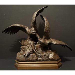 Agathon Léonard Important Bronze Two Eagles Fighting Over A Chamois  Nineteenth Century