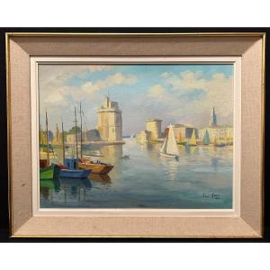 Large Port De La Rochelle Marine  Painting By Louis Suire 1980