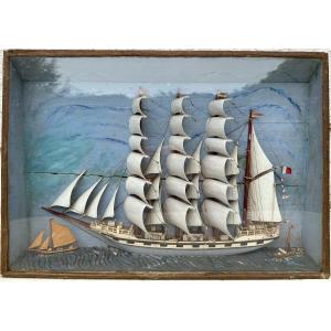Large Diorama Four-masted Sailboat Sails In Bone And Hull Exotic Woods Nineteenth Century