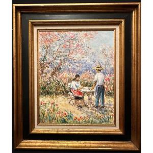 Painting Scene In The Garden By Serge Esther Twentieth Century
