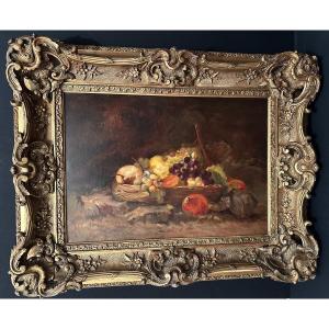 Still Life Painting With Fruits In An Important Louis XV Rocaille Frame Openwork XIXth Century