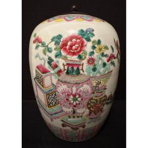 Chine Vase Porcelaine Couvert Pot à Gingembre Famille Rose Canton Fin XIXème 