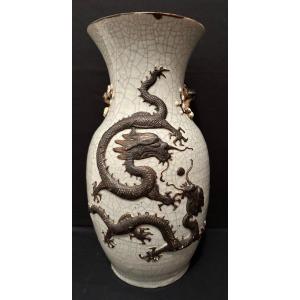 Chine Nankin Vase En Grès Aux Dragons Fin XIXème