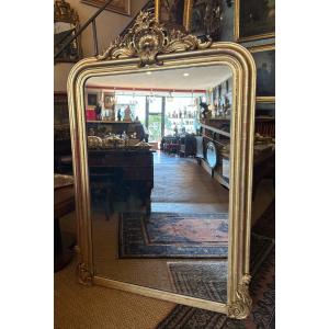 Large Louis XV Style Mirror Louis Philippe Period Golden Stuccoed Wood 158 X 107 Cm 19th Cent