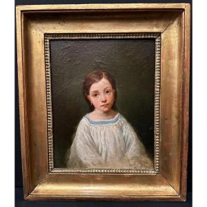 Painting Portrait Of Young Girl In A White Dress 19th Century