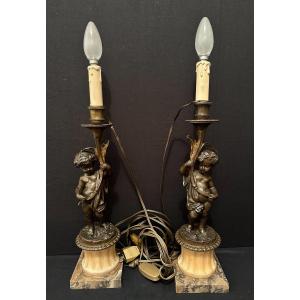 Pair Of Candlesticks Lamps With Bronze Putti Napoleon III Period 19th Century