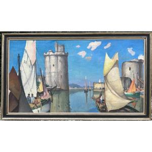 Very Large Painting Port Of La Rochelle By Gaston Balande 1937 198 X 107 Cm