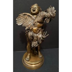 Bronze The Child With The Rooster By Adriano Cecioni Florence Italy 19th Century