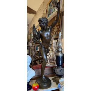 Très Grand Bronze Vainqueur Au Combat De Coqs Par Alexandre Falguière 97 Cm Thiébault Fondeur