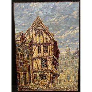 Tableau Vieille Maison Rue Saint Romain à Rouen Par NHE  MOÏSE 1947