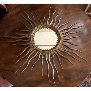 Large Golden Metal Sun Mirror Circa 1950