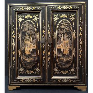 China Small Cabinet In Black Lacquer Late 19th Century