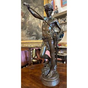 Grand Bronze David Vainqueur De Goliath Par Antonin  Mercié Barbedienne Fondeur 74,5 cm