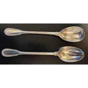 Large Solid Silver Salad Cutlery Model With Godrons Goldsmith Puiforcat 