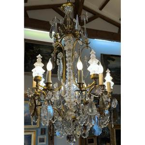 Cage Chandelier In Gilt Bronze And Crystal With 15 Lights Early 20th Century