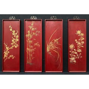 4 Red And Gold Lacquer Panels The Four Seasons By Thanh Le Vietnam Circa 1950