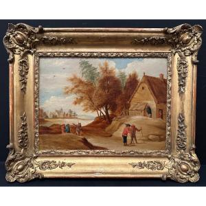 Flemish School Painting Village Scene In The Taste Of Thomas Van Apshoven 19th Century