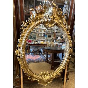 Grand Miroir Ovale Doré Rocaille Style Louis XV époque Napoléon III