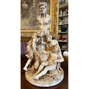 Importante Sculpture Terre Cuite Les Libations De Bacchus École XIXème Dans Le Goût de Clodion