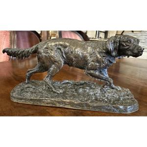 Small Bronze Sculpture Of A Pointing Hunting Dog By Pierre-jules Mêne, 19th Century