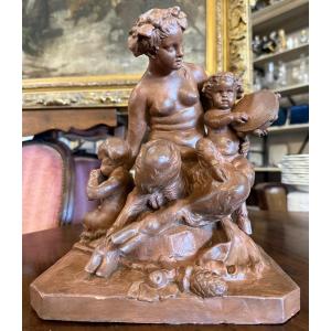 Sculpture Terre Cuite Femme Faune Et Ses Enfants Musiciens d'Après Clodion XIXème