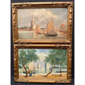 Paire de petits tableaux vues du port de La Rochelle par Suzanne Bizard XXème