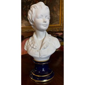 Limoges Porcelain Bust Of Alexandre Brongniart Signed Tharaud After Houdon, H:40 Cm