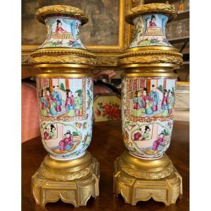 Chine paire de vases en porcelaine de Canton montés bronze doré époque Napoléon III