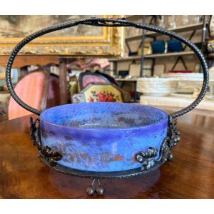 Coupe à fruits Art Déco verre bleu orange  et fer forgé par Degué vers 1925