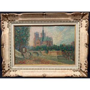 Tableau pointilliste le chevet de Notre Dame de Paris et la Seine par Pueblo vers 1930