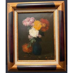 Still Life Painting With A Bouquet Of Chrysanthemums By Furcy De Lavault, 1904