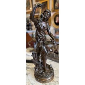 Important Art Nouveau Bronze Sculpture, "the Bird Charmer," By Hippolyte Moreau, Circa 1880