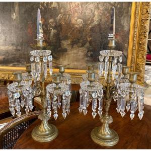 Large Pair Of Crystal And Gilt Bronze Louis XVI Style Girandoles, Napoleon III Period, 19th 