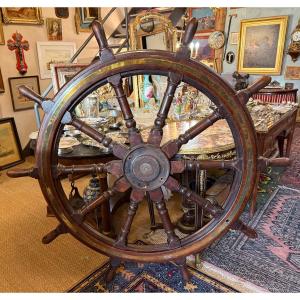 Very Large Mahogany Ship's Wheel From The Trawler Tigre In La Rochelle, 1921