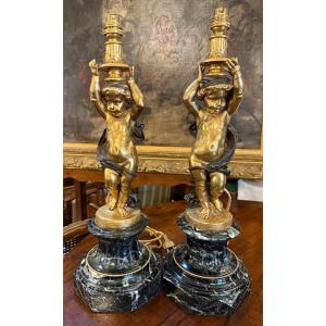 Importante paire de lampes aux putti bronze doré et marbre  fin XIXème 53 cm