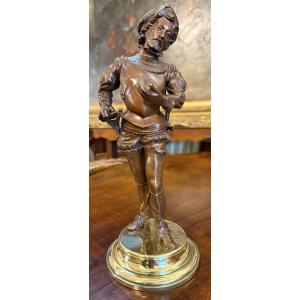 Petite sculpture bronze gentilhomme renaissance au plastron lisant un billet  par Alfred Barye 