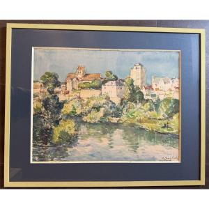 Pierre Langlade grande aquarelle La Roche Posay  Vienne