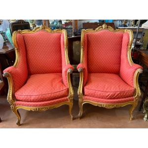 Important Pair Of Louis XV Style Giltwood Wingback Armchairs From The Napoleon III Period 